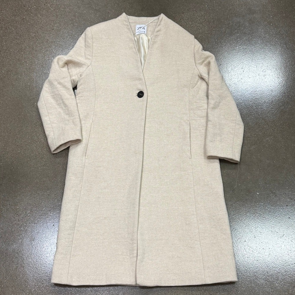 Zara Womens XL Oatmeal Cream Longline Single Button Collarless Coat 8515/116/710